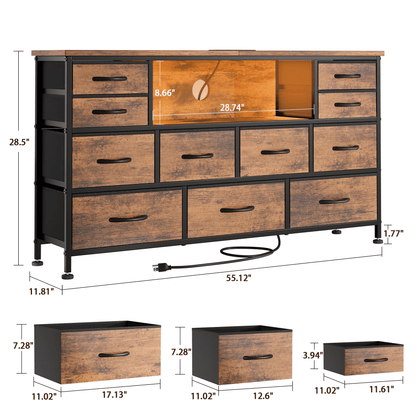 Laintene TV Stand 60 inch, Dresser for Bedroom with LED Lights Power Outlets, 11 Drawer Dresser TV Stands for Living Room, Fabric Chest of Drawers, Brown