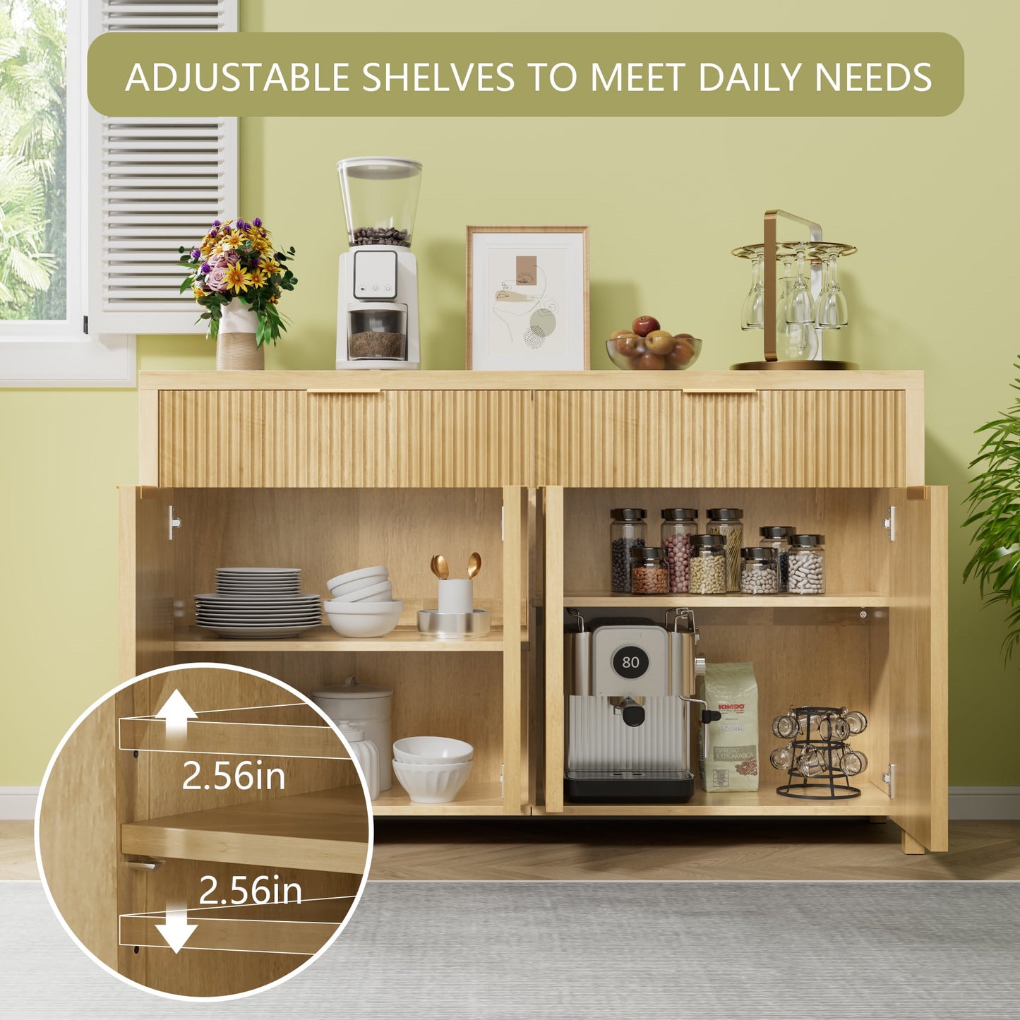 Laintene 55"L Sideboard Buffet Cabinet with Storage, Fluted Accent Storage Cabinet with Doors & Adjustable Shelves for Living Room Dining Room and Kitchen, Natural Oak