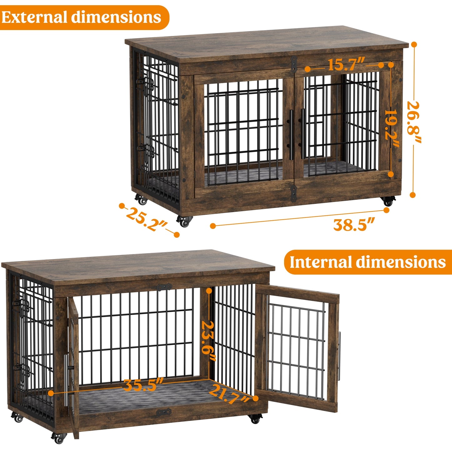 Laintene Dog Crate Furniture, Dog Kennels for Inside with Pads and Wheels, Heavy Duty Pet House for Medium to Large Dogs, Browm
