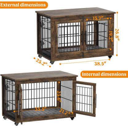 Laintene Dog Crate Furniture, Dog Kennels for Inside with Pads and Wheels, Heavy Duty Pet House for Medium to Large Dogs, Browm