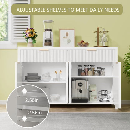 Buffet Cabinet with 2 Drawers, 55" Storage Cabinet with Fluted Panel Doors, Adjustable Shelves for Kitchen, TV Stands for Living Room, Entryway, White