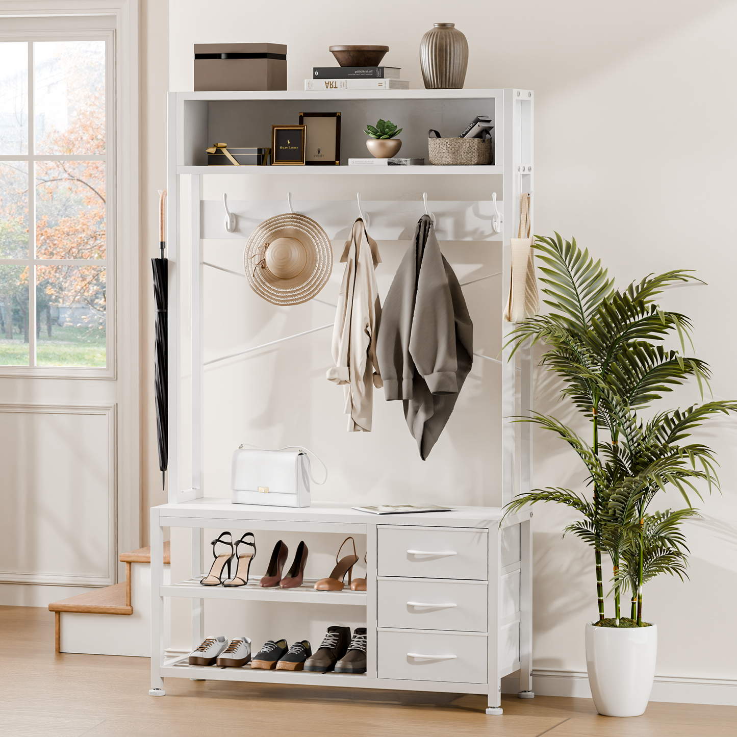 Industrial Hall Tree with Bench – 5-in-1 Entryway Organizer with 7 Hooks, 3 Drawers & Shoe Storage, Heavy-Duty Coat Rack for Hallway, Living Room, White