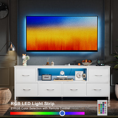 TV Stand Dresser with Power Outlets and LED Lights, 6 Drawer Console for 60 Inch TV, Dresser for Bedroom, Closet, Hallway