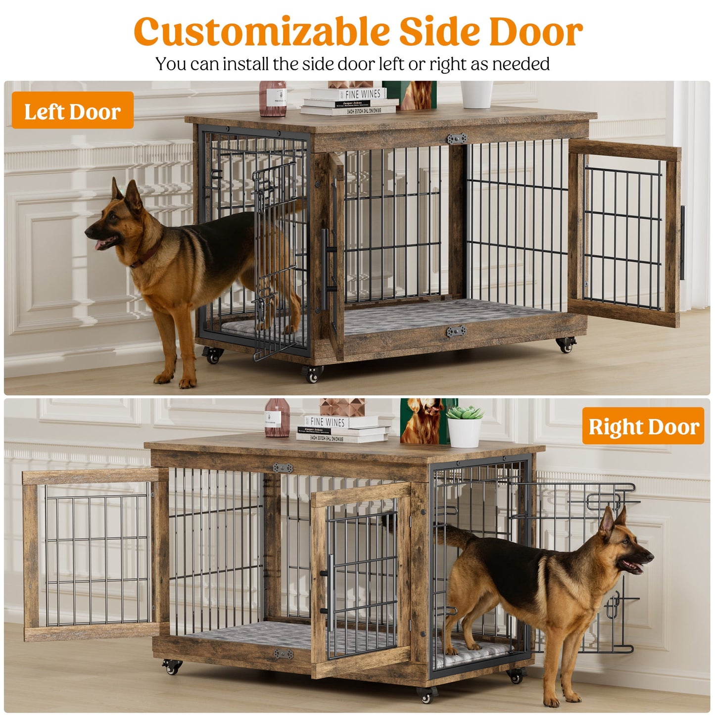 Laintene Dog Crate Furniture, Dog Kennels for Inside with Pads and Wheels, Heavy Duty Pet House for Medium to Large Dogs, Browm