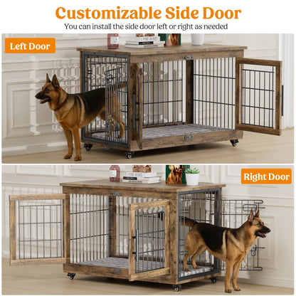 Laintene Dog Crate Furniture, Dog Kennels for Inside with Pads and Wheels, Heavy Duty Pet House for Medium to Large Dogs, Browm