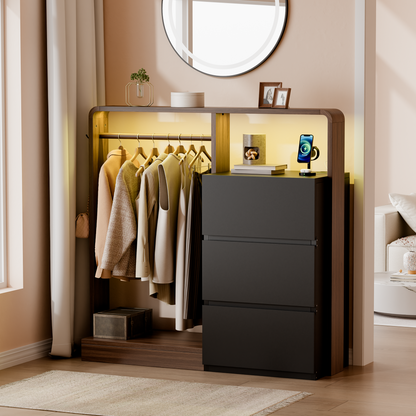 Laintene Dresser for Bedroom with Hanging Closet, 3 Wooden Drawers with Charging Station & LED, Storage Chest of Drawers, Wooden Closet Dressers for Bedroom, Black with Brown
