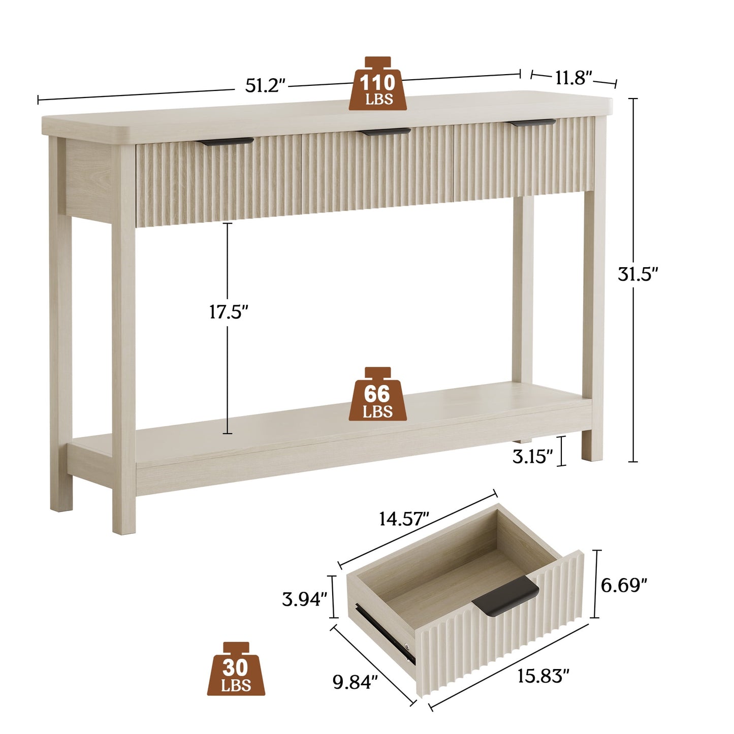 Laintene Fluted Console Table, 51" Narrow Entryway Table with 3 Drawers, Console Table Sofa Table with Storage Open Shelf, Modern Display Shelf for Hallway Living Room, White Oak