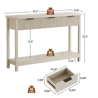 Laintene Fluted Console Table, 51" Narrow Entryway Table with 3 Drawers, Console Table Sofa Table with Storage Open Shelf, Modern Display Shelf for Hallway Living Room, White Oak