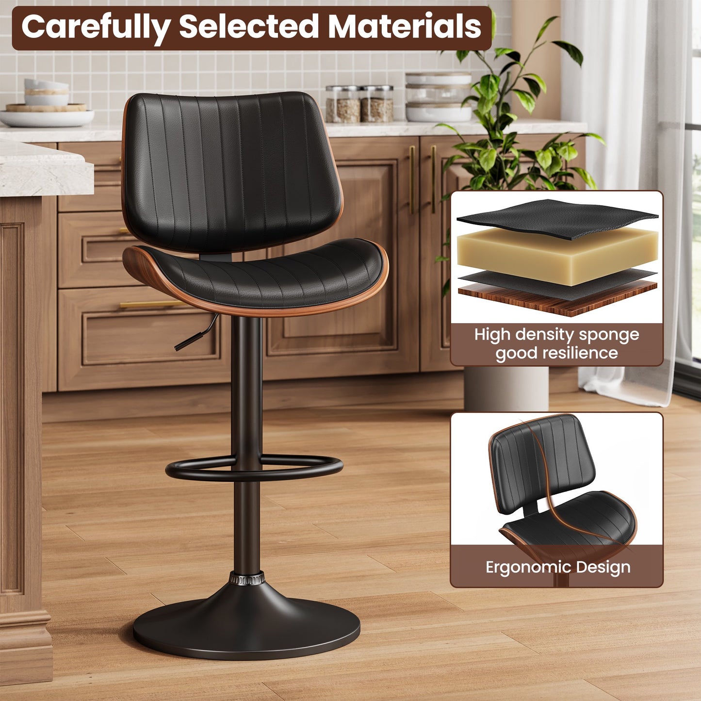 LainTene Set of 2 Swivel Bar Stools with Bentwood Back, Adjustable PU Leather Bar Chairs for Kitchen Island, Counter or Dining Room, Black