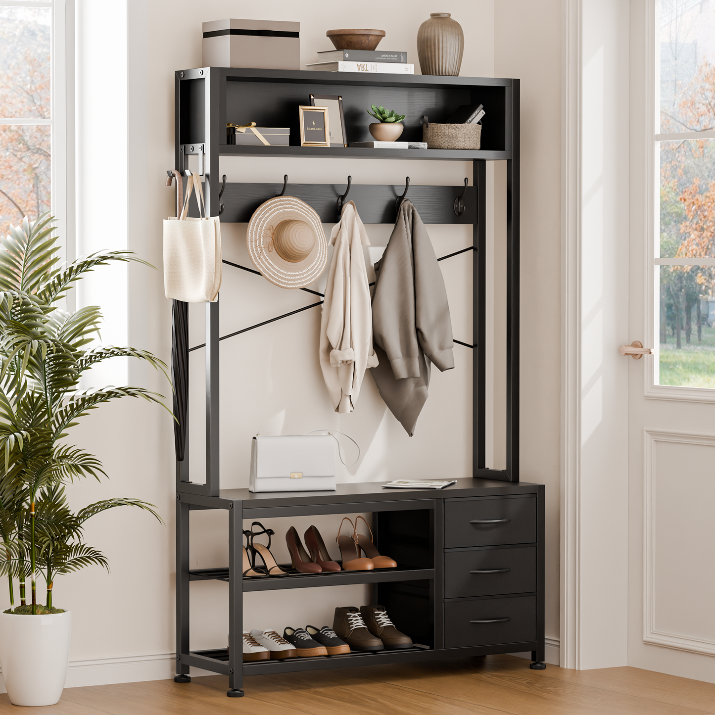 Industrial Hall Tree with Bench – 5-in-1 Entryway Organizer with 7 Hooks, 3 Drawers & Shoe Storage, Heavy-Duty Coat Rack for Hallway, Living Room, Black