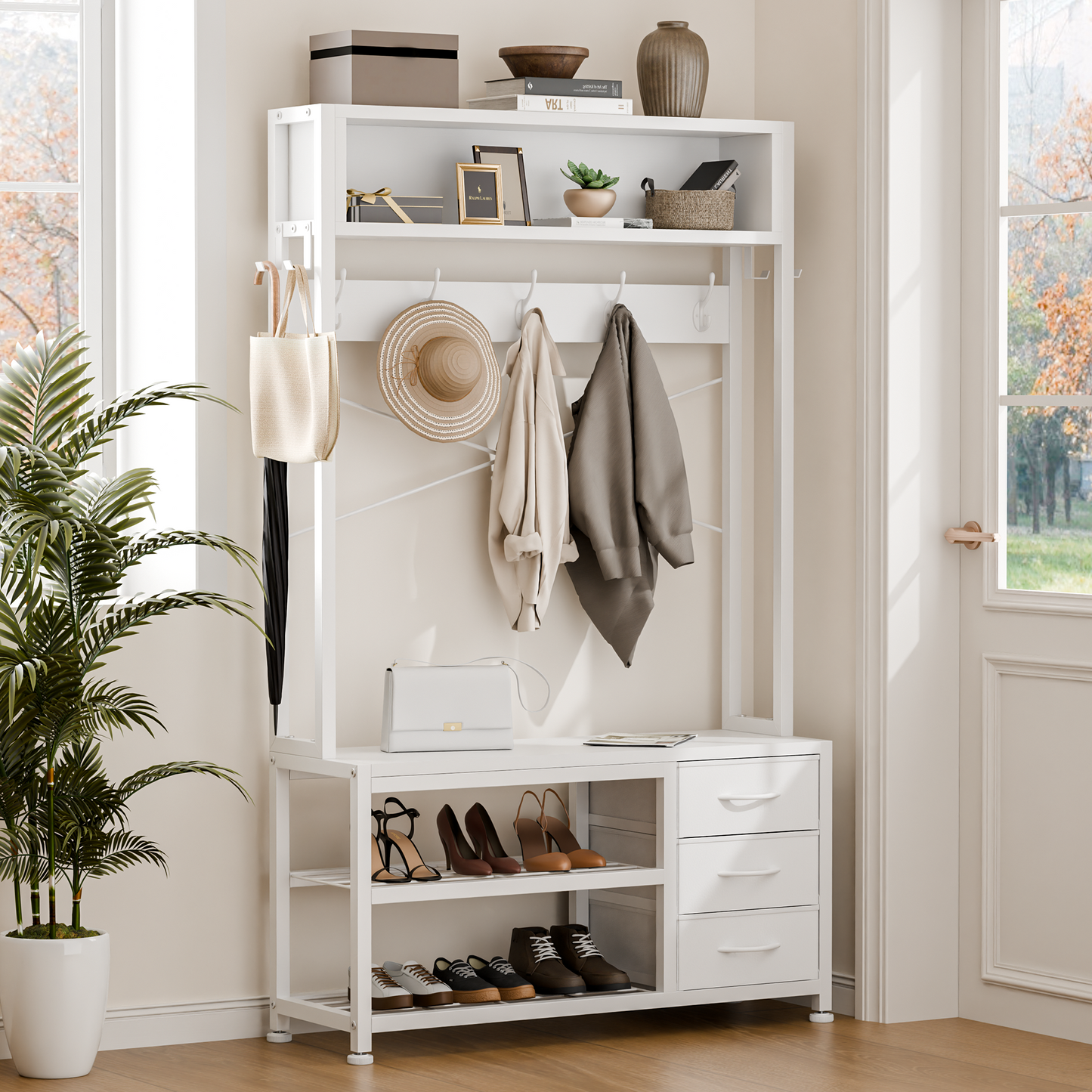 Industrial Hall Tree with Bench – 5-in-1 Entryway Organizer with 7 Hooks, 3 Drawers & Shoe Storage, Heavy-Duty Coat Rack for Hallway, Living Room, White