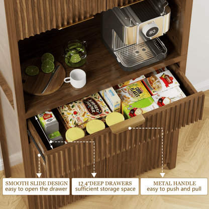 Laintene Pantry Storage Cabinet with Charging Station, Tall Kitchen Pantry with Microwave Shelves, Fluted Storage Cabinet with Open Countertop and Drawer for Dining Living Room, Walnut