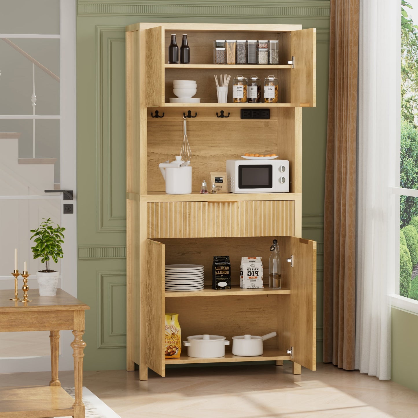 Laintene Pantry Storage Cabinet with Charging Station, Tall Kitchen Pantry with Microwave Shelves, Fluted Storage Cabinet with Open Countertop and Drawer for Dining Living Room, Natural Oak