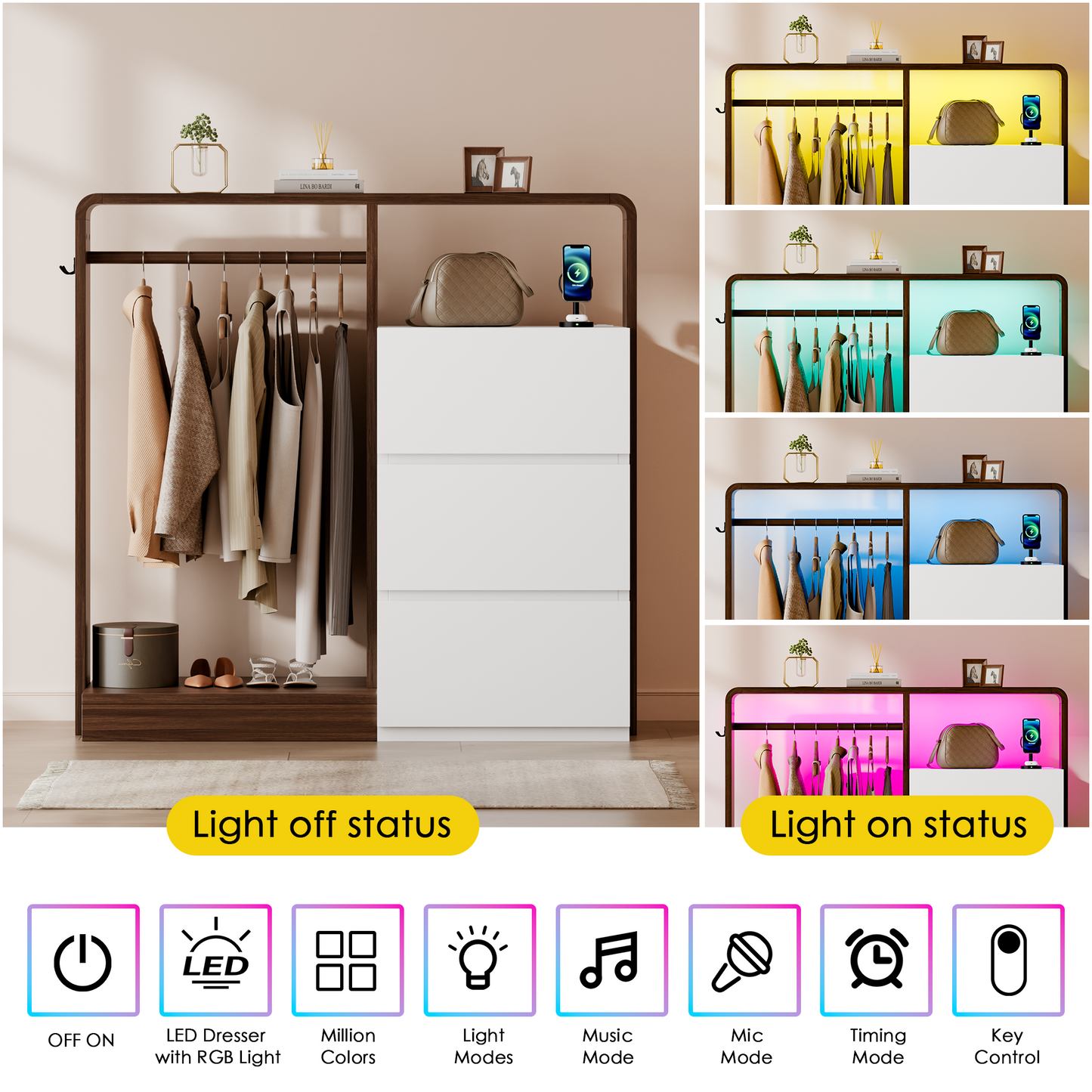Laintene Dresser for Bedroom with Hanging Closet, 3 Wooden Drawers with Charging Station & LED, Storage Chest of Drawers, Wooden Closet Dressers for Bedroom, White with Brown