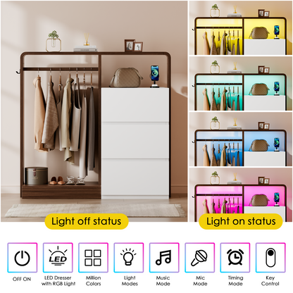 Laintene Dresser for Bedroom with Hanging Closet, 3 Wooden Drawers with Charging Station & LED, Storage Chest of Drawers, Wooden Closet Dressers for Bedroom, White with Brown