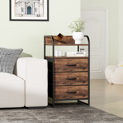 Laintene Nightstand 3 Fabric Drawer, Bedside Table Bedroom Dresser, End Side Tables Living Room, Brown