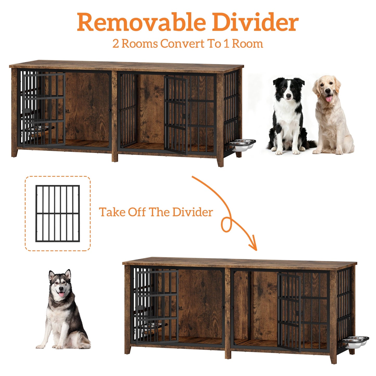 Laintene 78 Inch Dog Crate with Bowls, Heavy Duty Dog Crate Furniture for 2 Dogs, Indoor Wooden Dog Kennels for Large Dogs, Brown