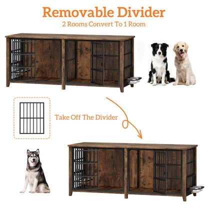Laintene 78 Inch Dog Crate with Bowls, Heavy Duty Dog Crate Furniture for 2 Dogs, Indoor Wooden Dog Kennels for Large Dogs, Brown