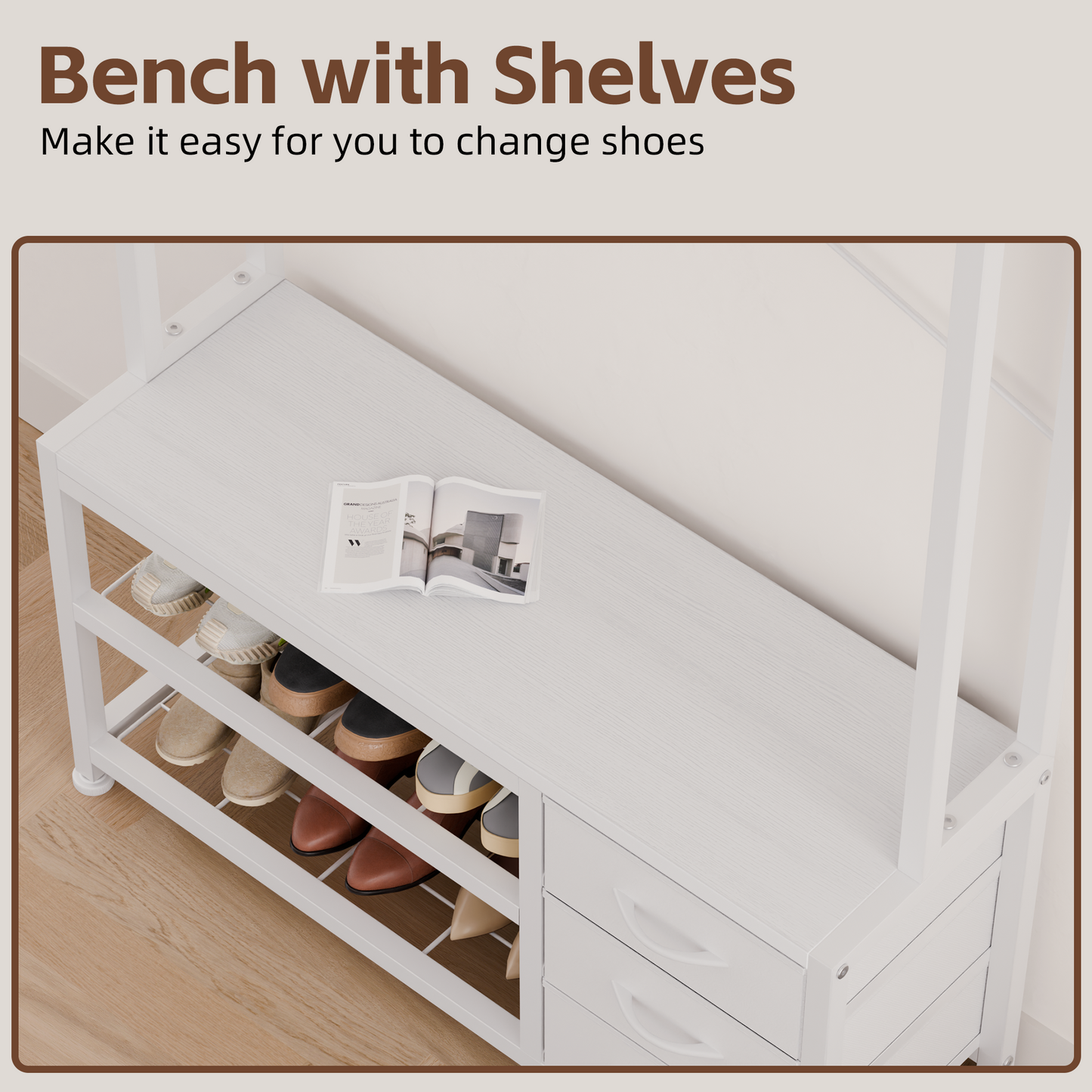 Industrial Hall Tree with Bench – 5-in-1 Entryway Organizer with 7 Hooks, 3 Drawers & Shoe Storage, Heavy-Duty Coat Rack for Hallway, Living Room, White