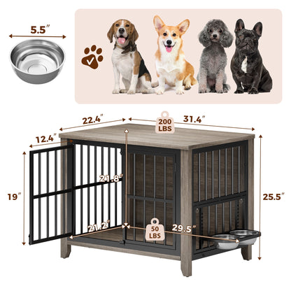 Laintene Dog Crate with Bowls, Heavy Duty Wooden Dog Crate Furniture, 31" Indoor Dog Kennels for Small/Medium Dogs, Gray