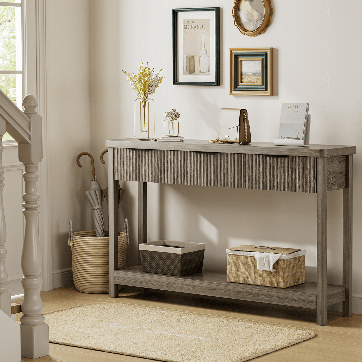 Laintene Fluted Console Table, 51" Narrow Entryway Table with 3 Drawers, Console Table Sofa Table with Storage Open Shelf, Modern Display Shelf for Hallway Living Room, Gray Oak