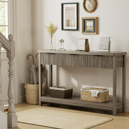 Laintene Fluted Console Table, 51" Narrow Entryway Table with 3 Drawers, Console Table Sofa Table with Storage Open Shelf, Modern Display Shelf for Hallway Living Room, Gray Oak