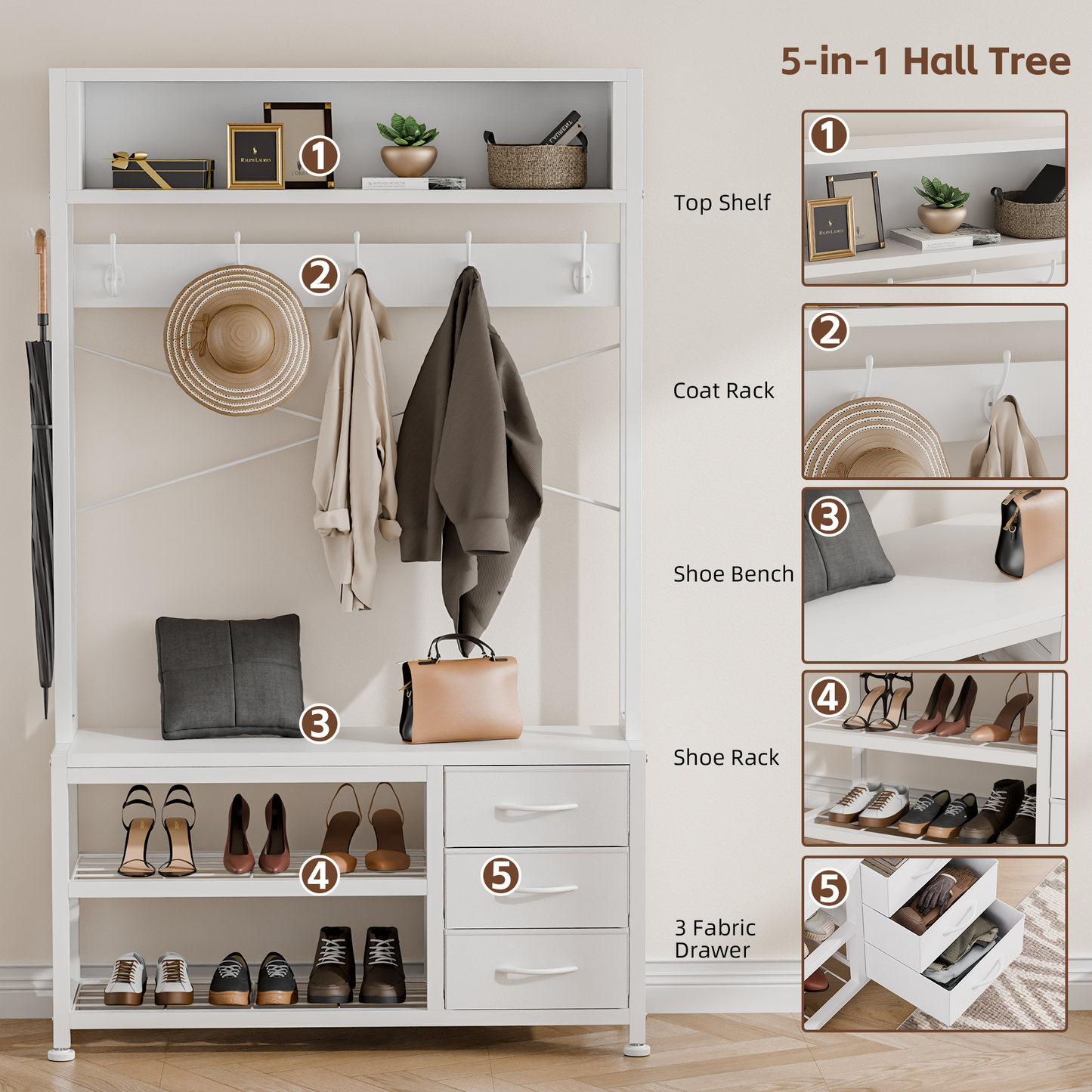 Industrial Hall Tree with Bench – 5-in-1 Entryway Organizer with 7 Hooks, 3 Drawers & Shoe Storage, Heavy-Duty Coat Rack for Hallway, Living Room, White