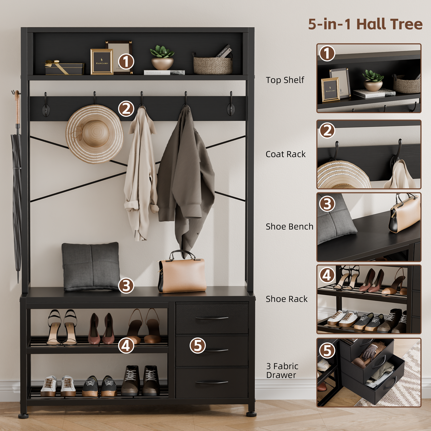 Industrial Hall Tree with Bench – 5-in-1 Entryway Organizer with 7 Hooks, 3 Drawers & Shoe Storage, Heavy-Duty Coat Rack for Hallway, Living Room, Black