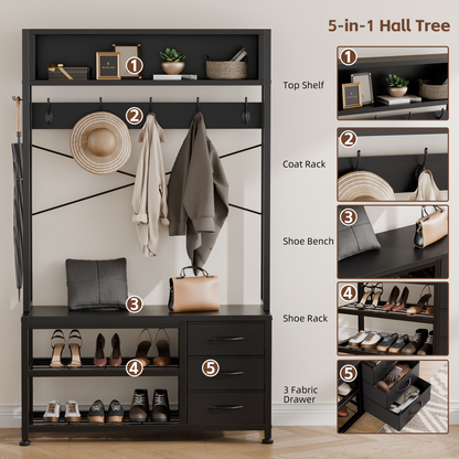 Industrial Hall Tree with Bench – 5-in-1 Entryway Organizer with 7 Hooks, 3 Drawers & Shoe Storage, Heavy-Duty Coat Rack for Hallway, Living Room, Black