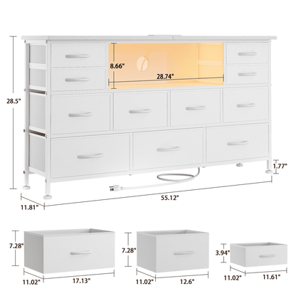 Laintene TV Stand 60 inch, Dresser for Bedroom with LED Lights Power Outlets, 11 Drawer Dresser TV Stands for Living Room, Fabric Chest of Drawers, White