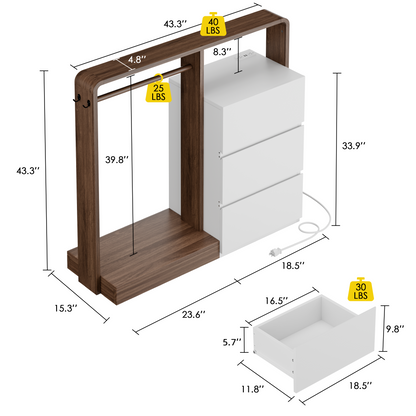 Laintene Dresser for Bedroom with Hanging Closet, 3 Wooden Drawers with Charging Station & LED, Storage Chest of Drawers, Wooden Closet Dressers for Bedroom, White with Brown