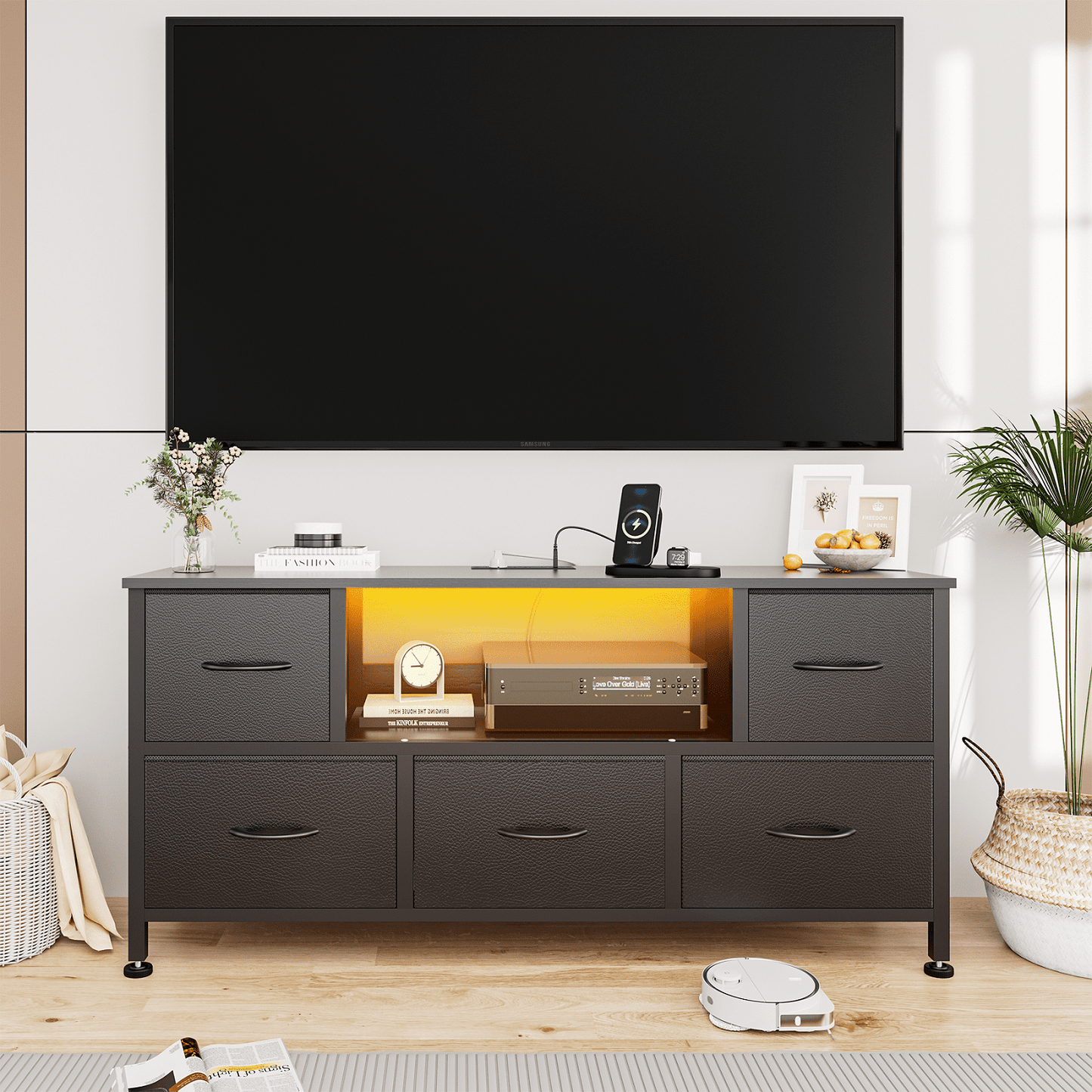 TV Stand Dresser with Power Outlets and LED Lights, 5 Drawer Console for 50 Inch TV, Dresser for Bedroom, Closet, Hallway