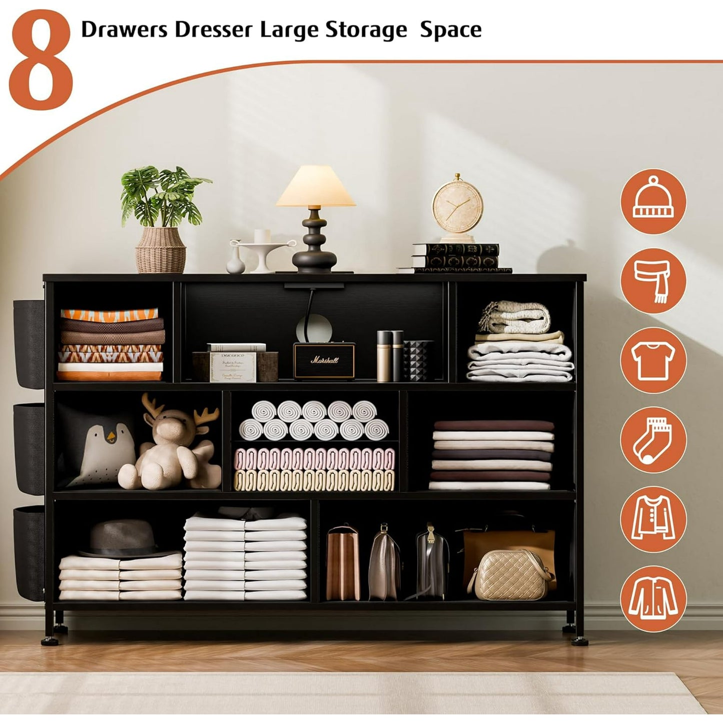 Laintene 8 Drawer Dresser, Black Dresser with Power Outlets LED Lights, Fabric Dressers for Bedroom TV Stand with Side Pocket, Chest of Drawers for up to 50" TV