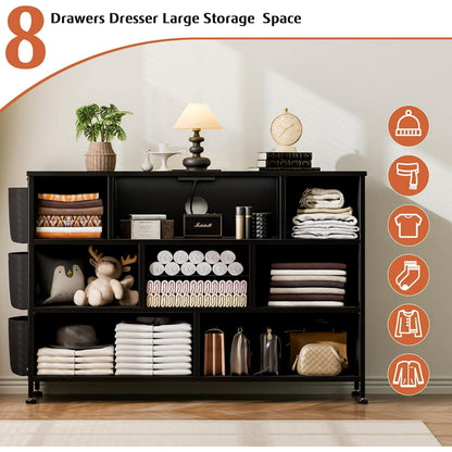 Laintene 8 Drawer Dresser, Black Dresser with Power Outlets LED Lights, Fabric Dressers for Bedroom TV Stand with Side Pocket, Chest of Drawers for up to 50" TV