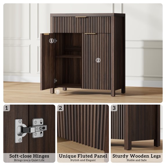 Laintene Sideboard Buffet Cabinet with Drawer, 28" Storage Cabinet with Fluted Panel Doors and Adjustable Shelf for Living Room, Entryway, Walnut