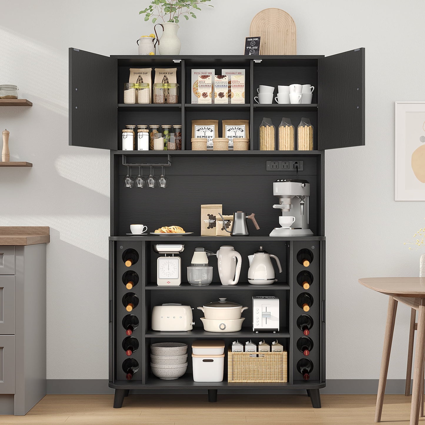 Laintene Kitchen Pantry Cabinet with Wine Rack, Storage Cabinet with Tambour Sliding Doors, Bar Cabinet with Glass Holder, Pantry Storage for Living Room, Kitchen, Entryway, Black