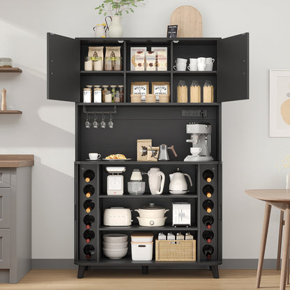Laintene Kitchen Pantry Cabinet with Wine Rack, Storage Cabinet with Tambour Sliding Doors, Bar Cabinet with Glass Holder, Pantry Storage for Living Room, Kitchen, Entryway, Black