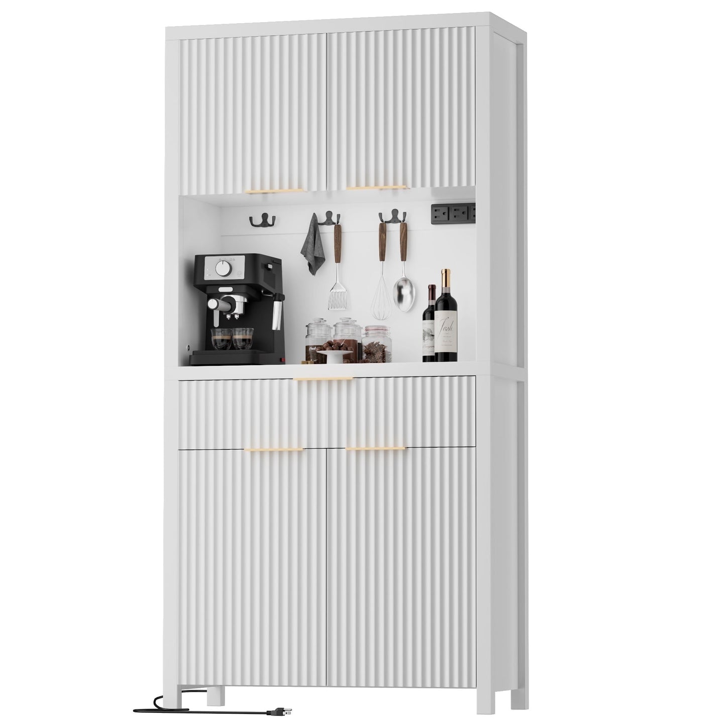 Laintene Pantry Storage Cabinet with Charging Station, Tall Kitchen Pantry with Microwave Shelves, Fluted Storage Cabinet with Open Countertop and Drawer for Dining Living Room, White