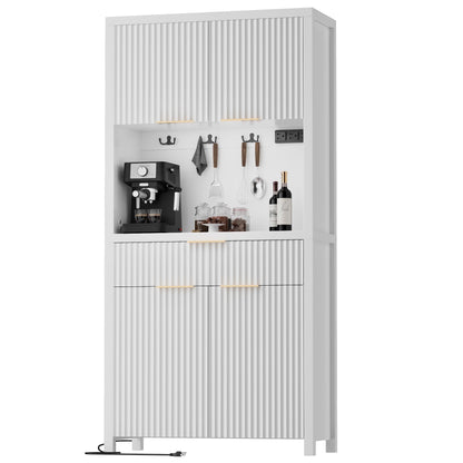 Laintene Pantry Storage Cabinet with Charging Station, Tall Kitchen Pantry with Microwave Shelves, Fluted Storage Cabinet with Open Countertop and Drawer for Dining Living Room, White