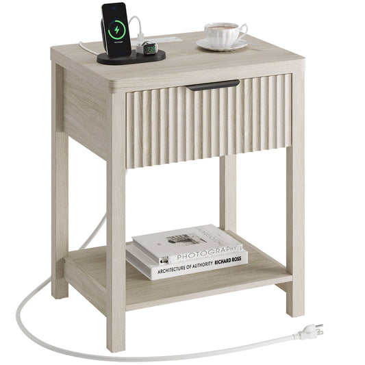 Laintene Fluted Nightstand with Charging Station - Modern Bedside Table with Drawer & Open Shelf, 2 AC Outlets + USB &Type-C for Bedroom & Living Room, White Oak