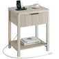 Laintene Fluted Nightstand with Charging Station - Modern Bedside Table with Drawer & Open Shelf, 2 AC Outlets + USB &Type-C for Bedroom & Living Room, White Oak