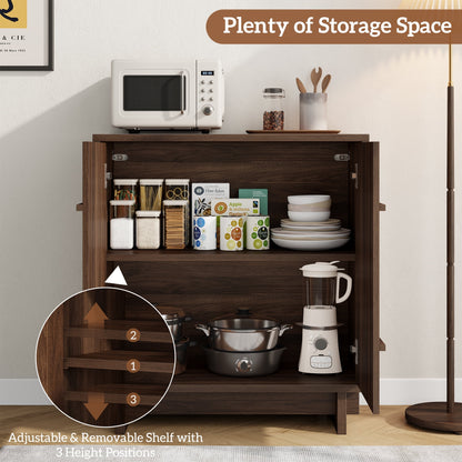 Laintene Sideboard Buffet with Lines Doors, Mid-Century Storage Cabinet with Adjustable Shelves for Kitchen Dining Room, Wood Coffee Bar for Living Room, Walnut Set of 2