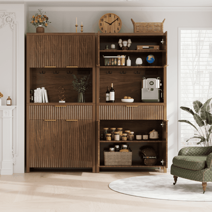 Laintene Pantry Storage Cabinet with Charging Station, Tall Kitchen Pantry with Microwave Shelves, Fluted Storage Cabinet with Open Countertop and Drawer for Dining Living Room, Walnut