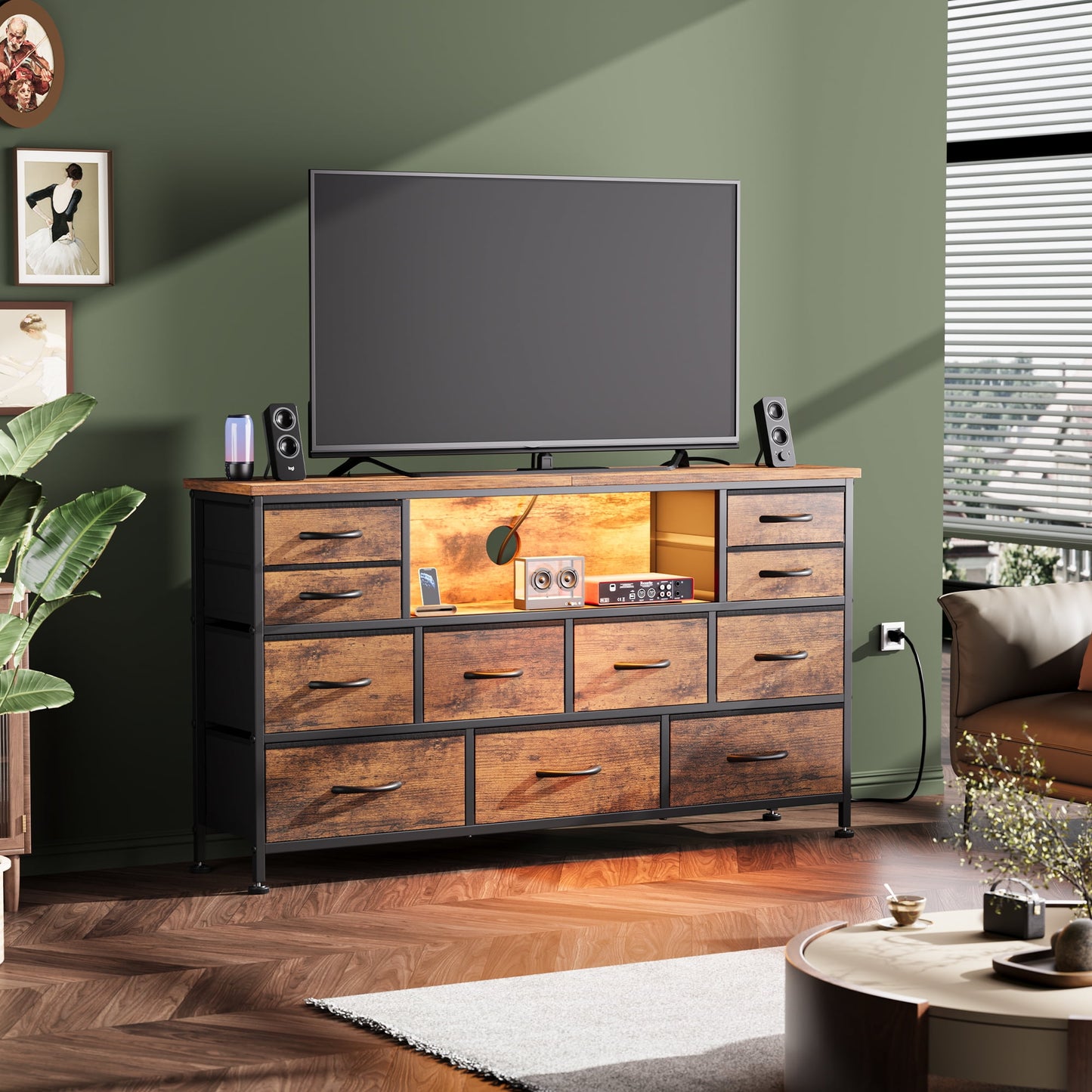 Laintene TV Stand 60 inch, Dresser for Bedroom with LED Lights Power Outlets, 11 Drawer Dresser TV Stands for Living Room, Fabric Chest of Drawers, Brown