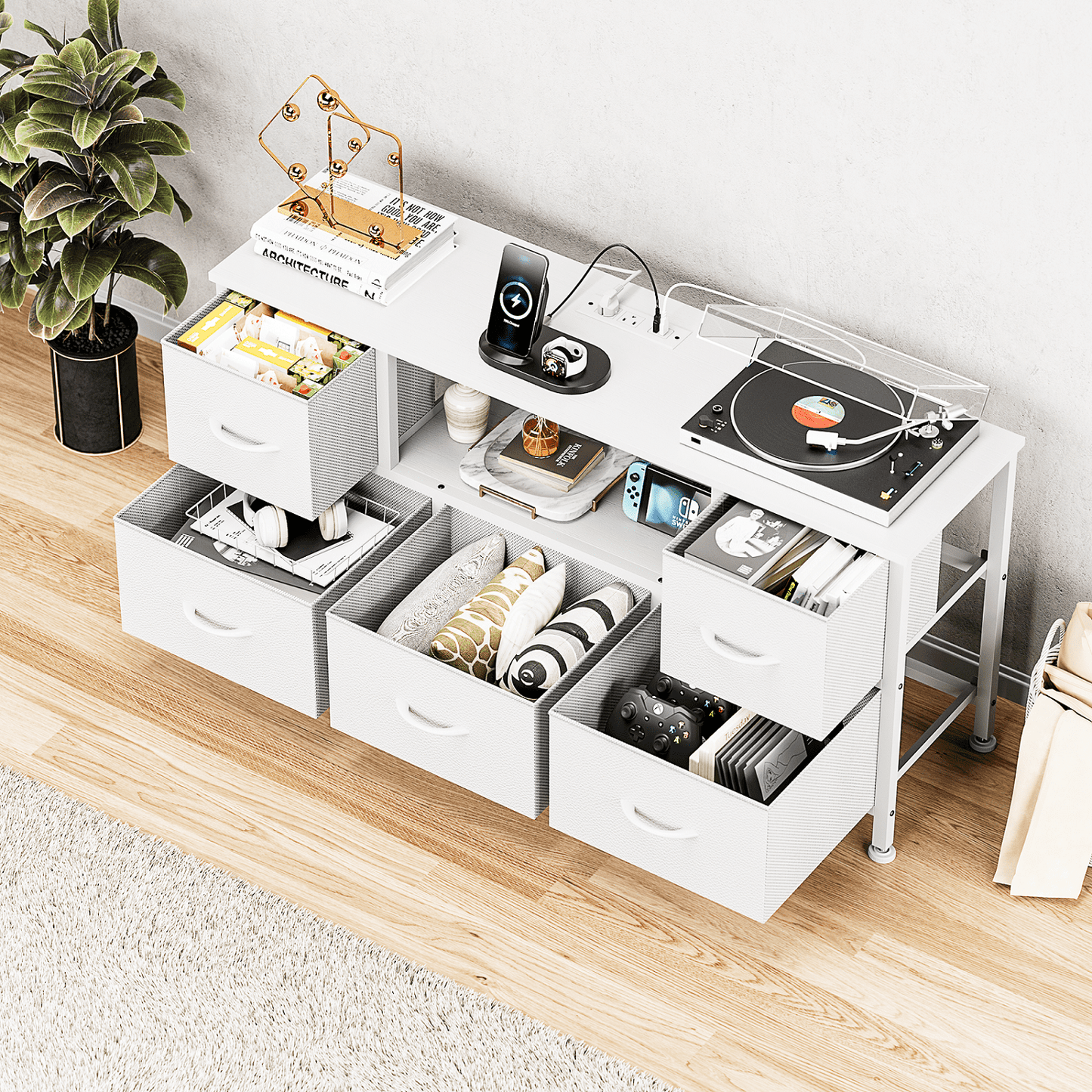 TV Stand Dresser with Power Outlets and LED Lights, 5 Drawer Console for 50 Inch TV, Dresser for Bedroom, Closet, Hallway