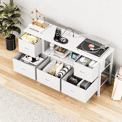 TV Stand Dresser with Power Outlets and LED Lights, 5 Drawer Console for 50 Inch TV, Dresser for Bedroom, Closet, Hallway