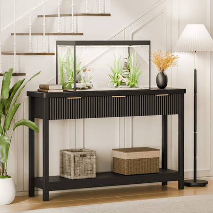 Laintene Fluted Console Table, 51" Narrow Entryway Table with 3 Drawers, Console Table Sofa Table with Storage Open Shelf, Modern Display Shelf for Hallway Living Room, Black