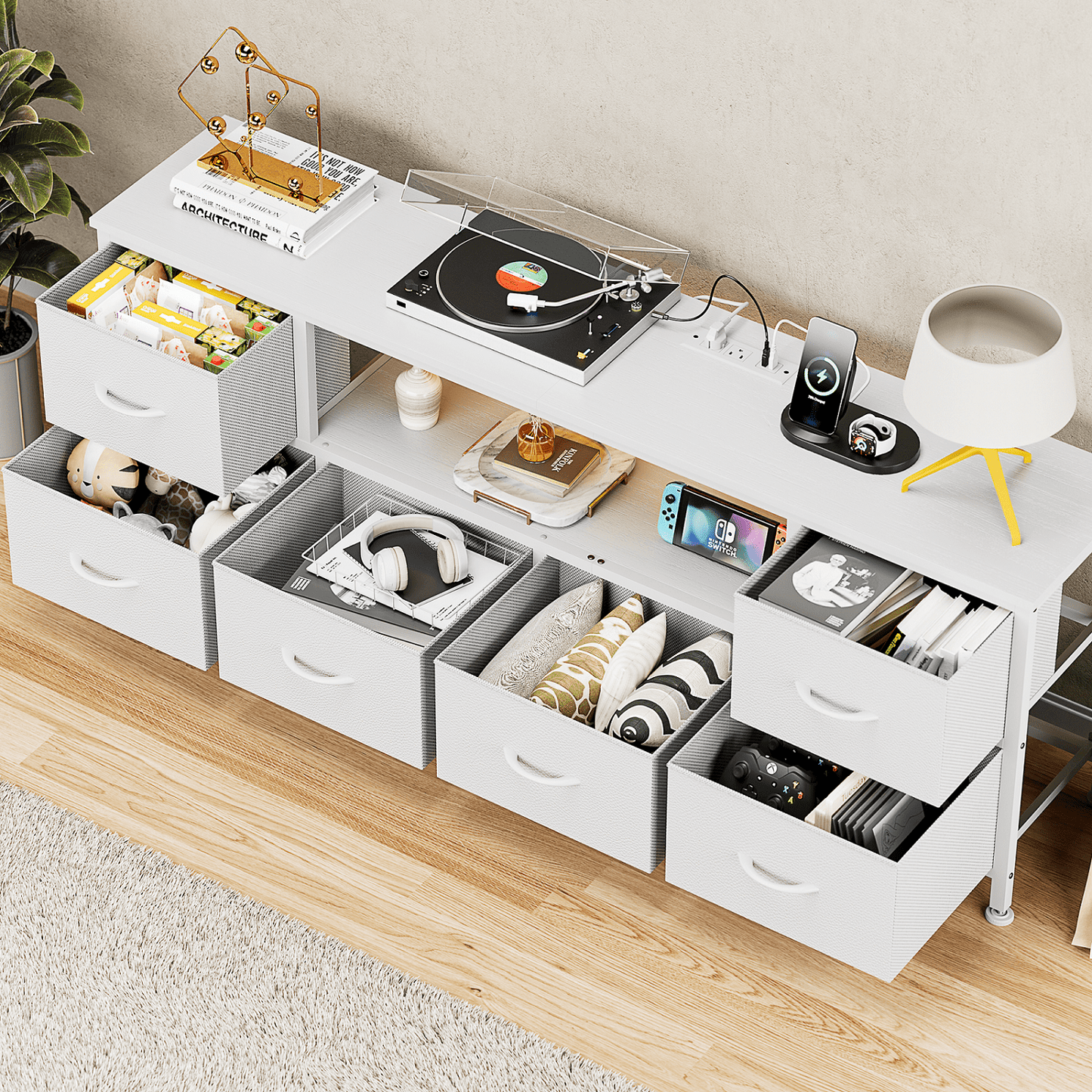 TV Stand Dresser with Power Outlets and LED Lights, 6 Drawer Console for 60 Inch TV, Dresser for Bedroom, Closet, Hallway