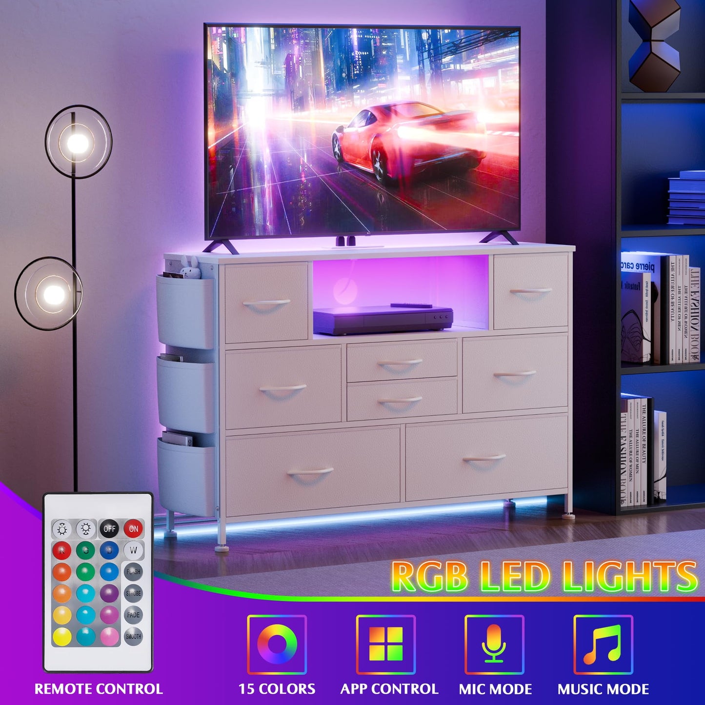 Laintene 8 Drawer Dresser, White Dresser with Power Outlets LED Lights, Fabric Dressers for Bedroom TV Stand with Side Pocket, Chest of Drawers for up to 50" TV