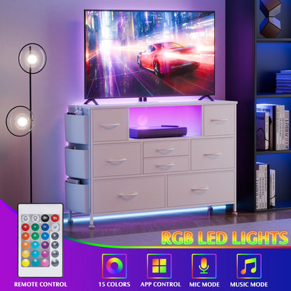 Laintene 8 Drawer Dresser, White Dresser with Power Outlets LED Lights, Fabric Dressers for Bedroom TV Stand with Side Pocket, Chest of Drawers for up to 50" TV